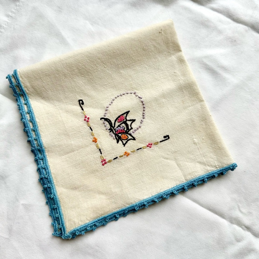 SALE Vintage Embroidered Linen Handkerchief Butterfly Fine Crochet Blue Trim